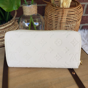Inspired Soft Leather White Embossed Monogram Zip Wallet