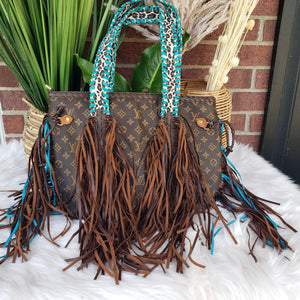 Upcycled Large Monogram Turquoise and Brown Fringe Purse with Animal Print Guitar Strap