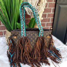 Load image into Gallery viewer, Upcycled Large Monogram Turquoise and Brown Fringe Purse with Animal Print Guitar Strap
