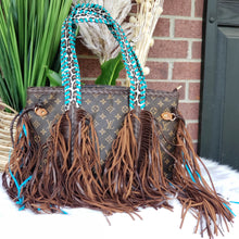 Load image into Gallery viewer, Upcycled Large Monogram Turquoise and Brown Fringe Purse with Animal Print Guitar Strap
