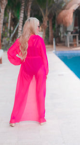 Hot Pink Tides and Tans Belted Maxi Length Cover Up