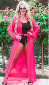 Hot Pink Tides and Tans Belted Maxi Length Cover Up