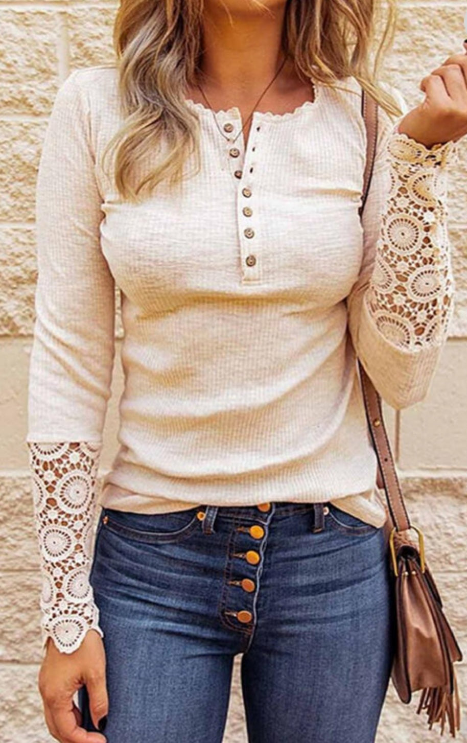 Sophie Beige Button Lace Sleeve Henley