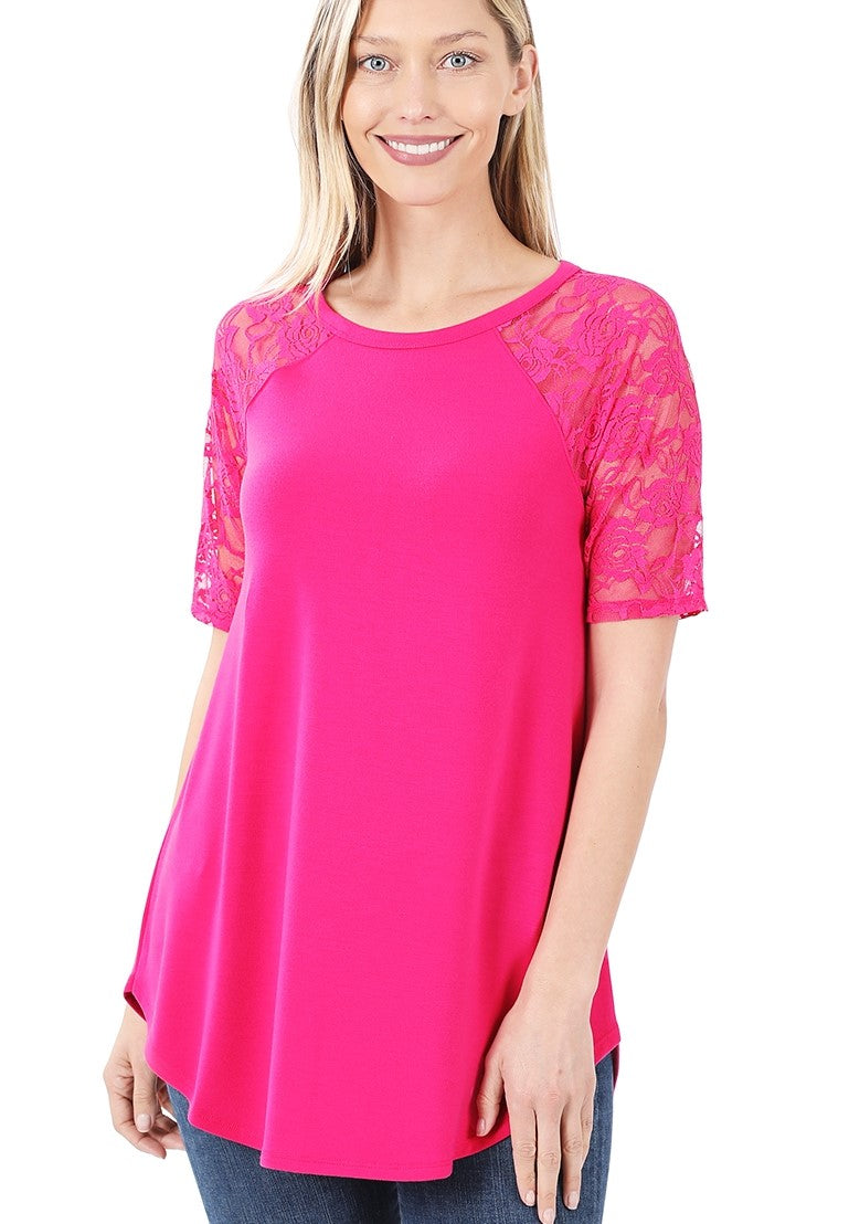 Hello Beautiful Hot Pink Lace Sleeve Top